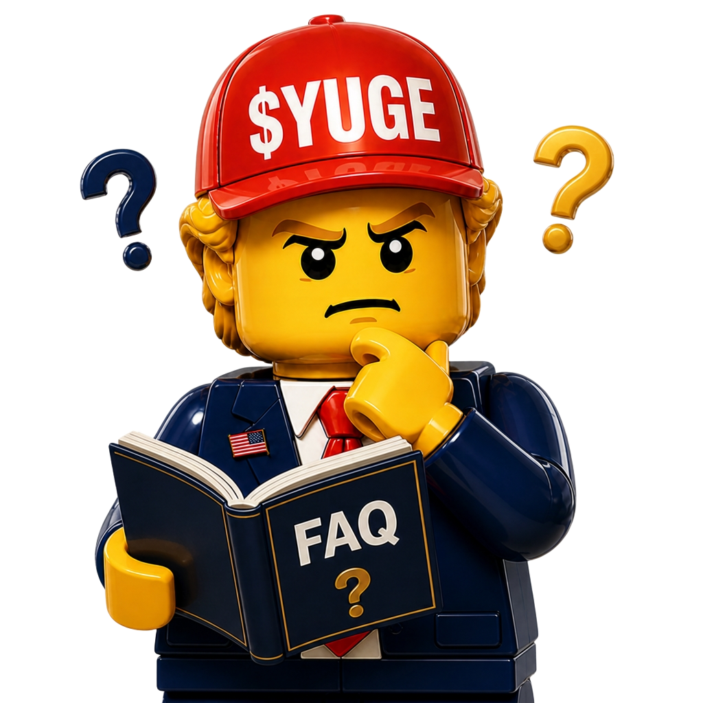 $YUGE toy-brick presidential mascot answering frequently asked questions about the presale