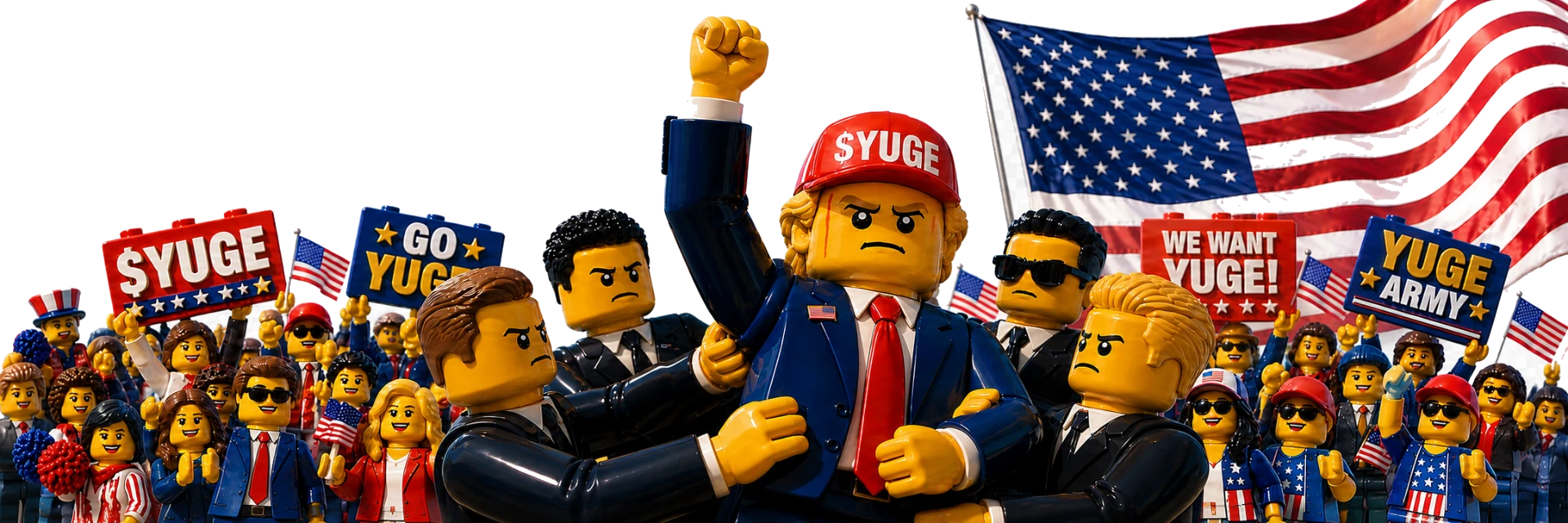 A crowd of toy-brick supporters raising $YUGE signs and flags behind the mascot