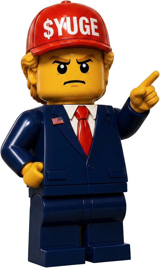 $YUGE toy-brick presidential mascot pointing at the three steps to buy $YUGE tokens