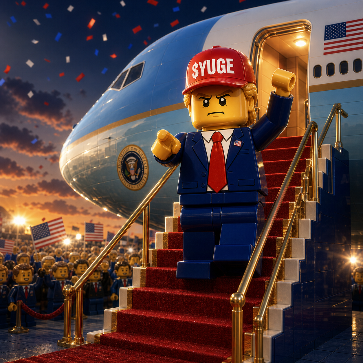 The $YUGE mascot descending the stairs of a gold-trimmed presidential aircraft, fist raised
