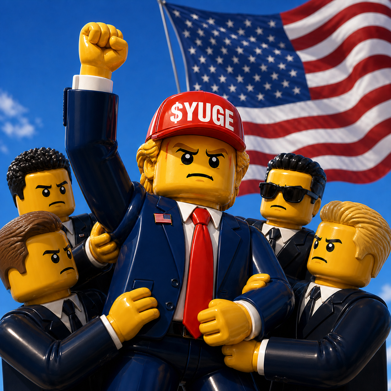 The $YUGE toy-brick presidential mascot in a navy suit and red tie speaking at a rally podium